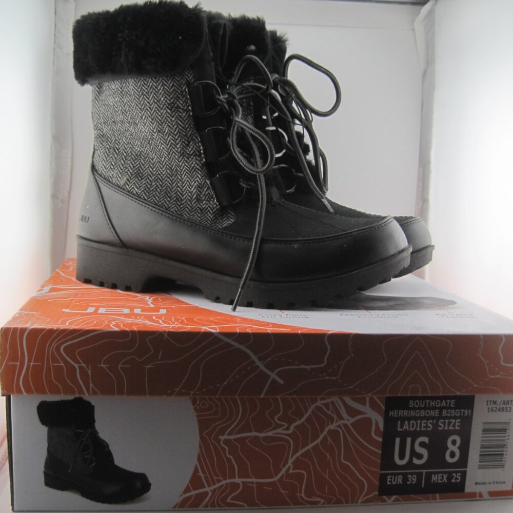 JBU Ladies' Size 8 Mid-Calf Winter Black & Gray Southgate Herringbone Fur Boots